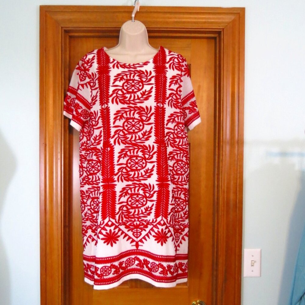 All:Row Embroidered White/Red Short Sleeve Shift Dress Lined